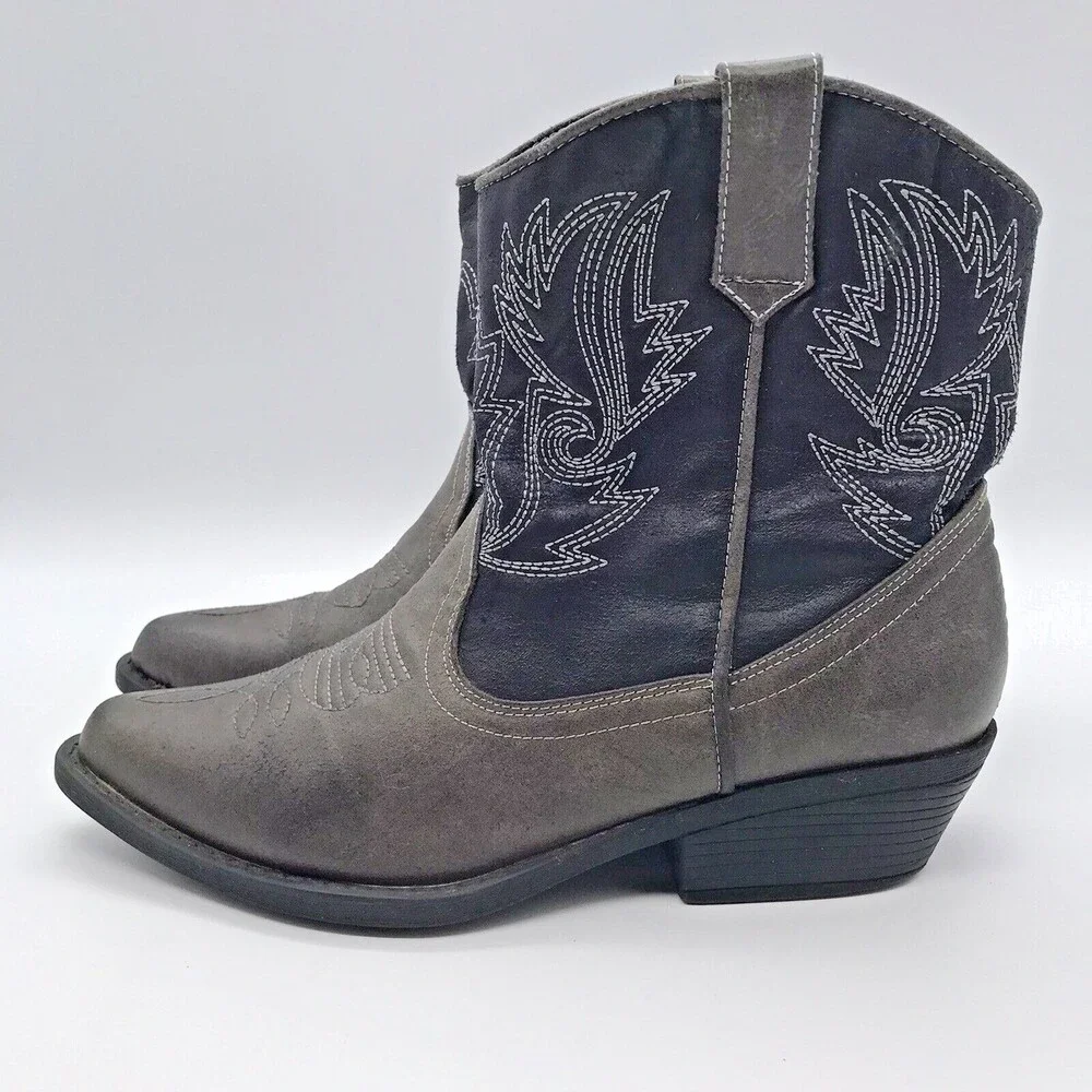London Rebel Black Gray Embroidered Faux Leather Western Ankle Boots Women's 6M